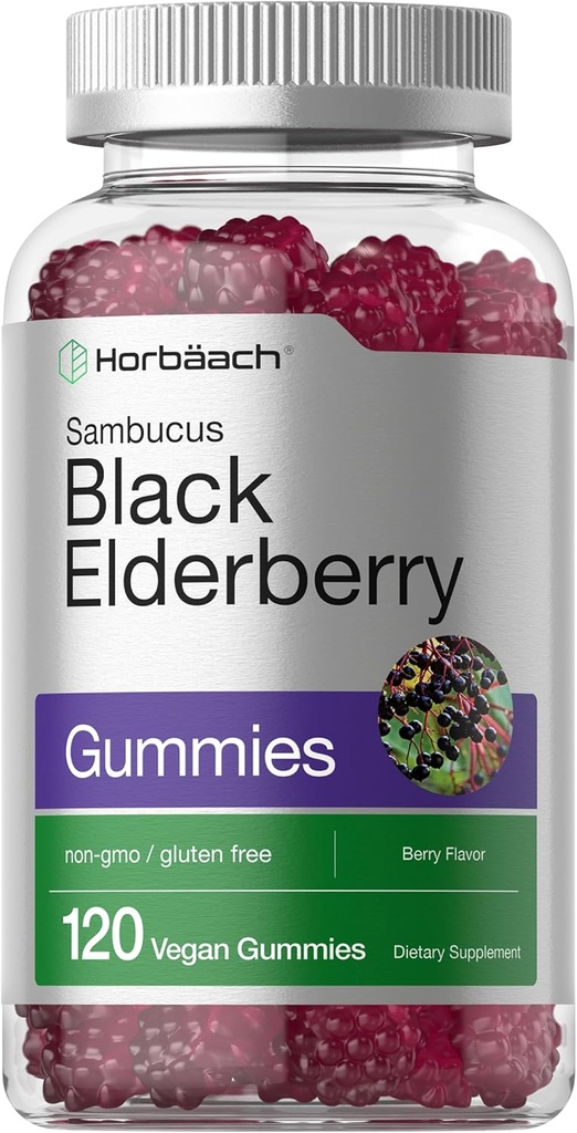 Horbaach Black Elderberry Gummies | 120 greve | Sambucus | med sink og vitamin C | Berry Flavor | Vegan, ikke-GMO, og Glutenfri supplement for voksne