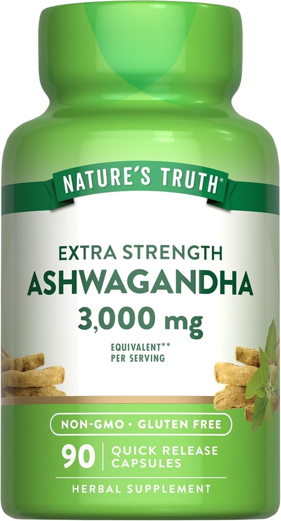Nature's Real Ashwaranda Capsules | 3000mg | เคานต์ 90 พลังพิเศษ | with Black Perper   Not-GMO และ Glute Free Supplement