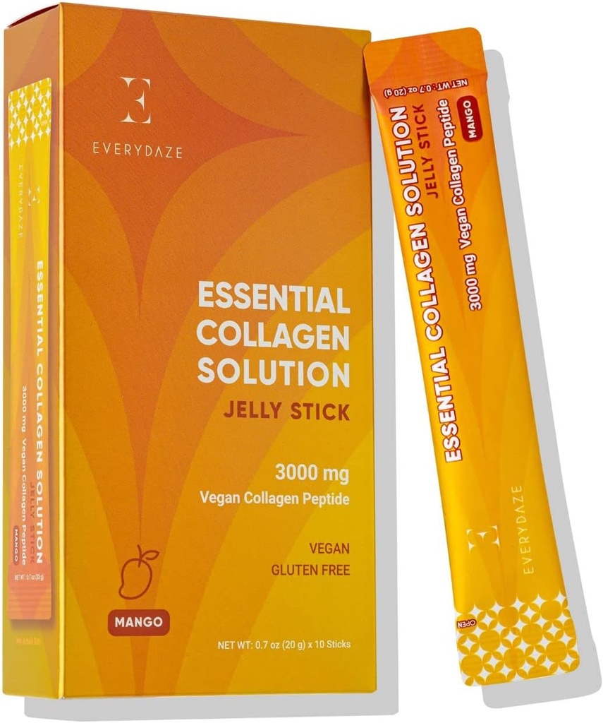 EVERYDAZE Essential Collagen Solution Jelly Stick | Vegan Collagen Peptide | Mango | 10 confezioni | Capelli, Pelle, Unghie, Bellezza, Bone | Vitamine, Minerali, Antiossidanti per Uomini e Donne