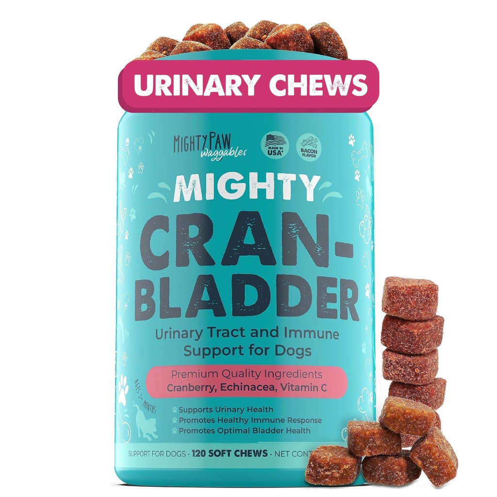 Mighty Paw Cran-Bladder Cranberry Supplement for Dogs, Urinary 120 Ct. | Vitamin C, Echinacea, 120 Soft Chews, Bacon Flavor, Antioxidant, Immune Support, Made in USA