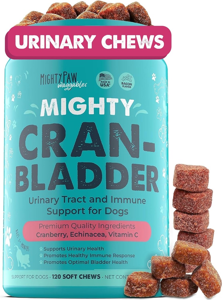 Mighty Paw Waggables Cran- Blinder (Made in the USA) 124; Vet Difficiated Cranberry Supplement for Dogs - Cranberry Chews for Dogs, Podpora močových cest a močových měchýřů, Bacon ochucené, 120 Soft Chews