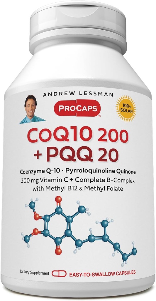 ANDREW LESSMAN Coenzyme Q-10 200 Plus PQQ 20mg - 120 Capsules - Maintains CoQ10 Levels, Optimum Cellular Energy, Supports Energy Production, Heart, Brain, Liver, Kidney, Pancreas. No Additives
