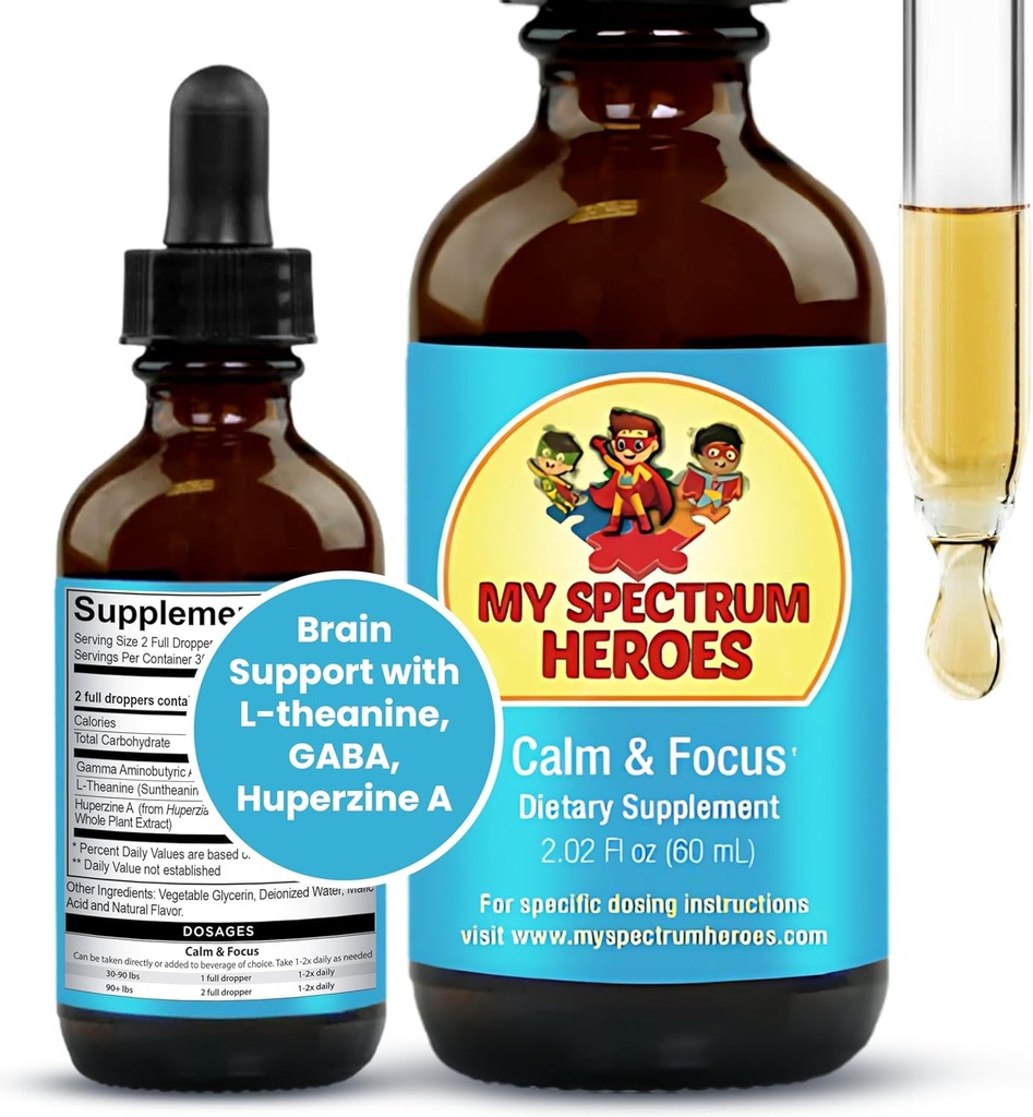 My Spectrum Heroes Calm & Focus Supplement Drops - Brain Support kanssa L-theanine, GABA, Huperzine A - Paranna keskittyä lapsille tai aikuisille - Boost keskittyminen lapsille & Teens - 2.02 FL oz. (60 ml)
