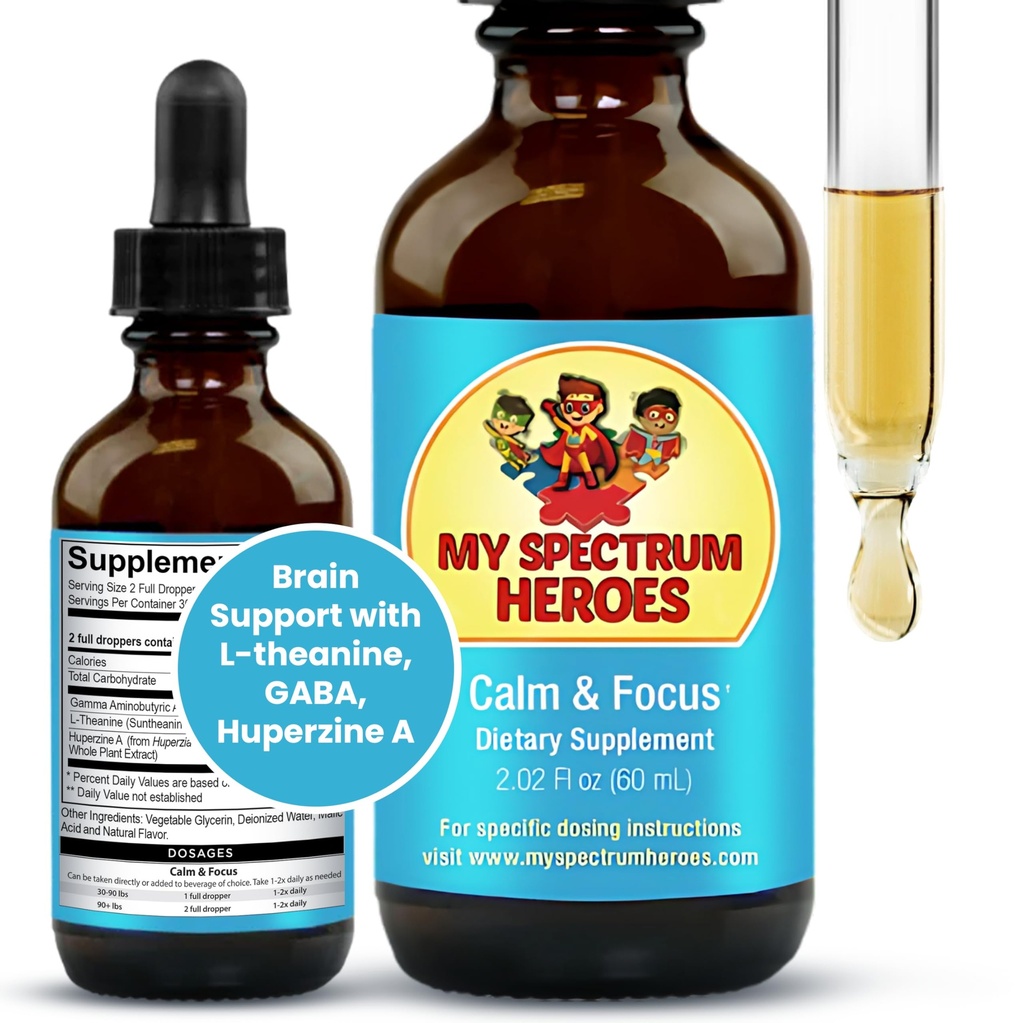 My Spectrum Heroes Calm & Focus Supplement Drops - Brain Support with L-theanine, GABA, Huperzine A - Enhance Focus for Kids or Adults - Boost Concentration for Kids & Teens - 2.02 FL oz. (60 ml)