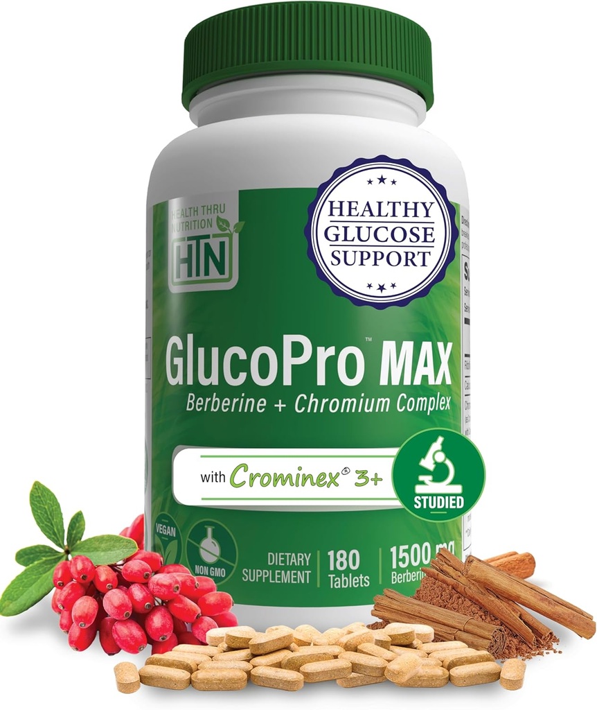 Osasun Thru Elikadura GlucoPro Max - 1500mg Berberine, Chrominex + Chromium eta 1,000mg Cinnamon | Vegan, Ez-GMO, Gluten Free | 180mg paketea
