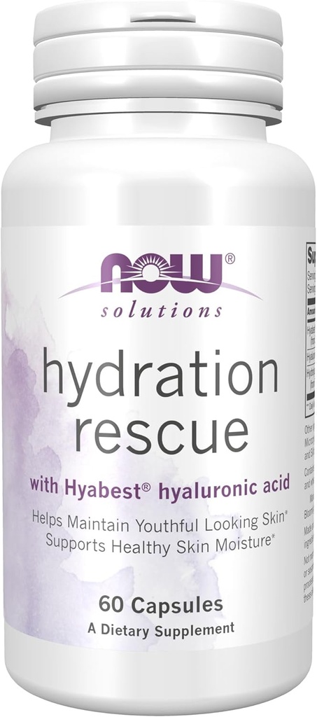 NOW Foods Solutions, Hydration Rescue with Hyabest hyaluronic acid, helps Maintain Youthful looking Skin*, Supports Healthy Skin Moisture*, 60 Veg Capsules