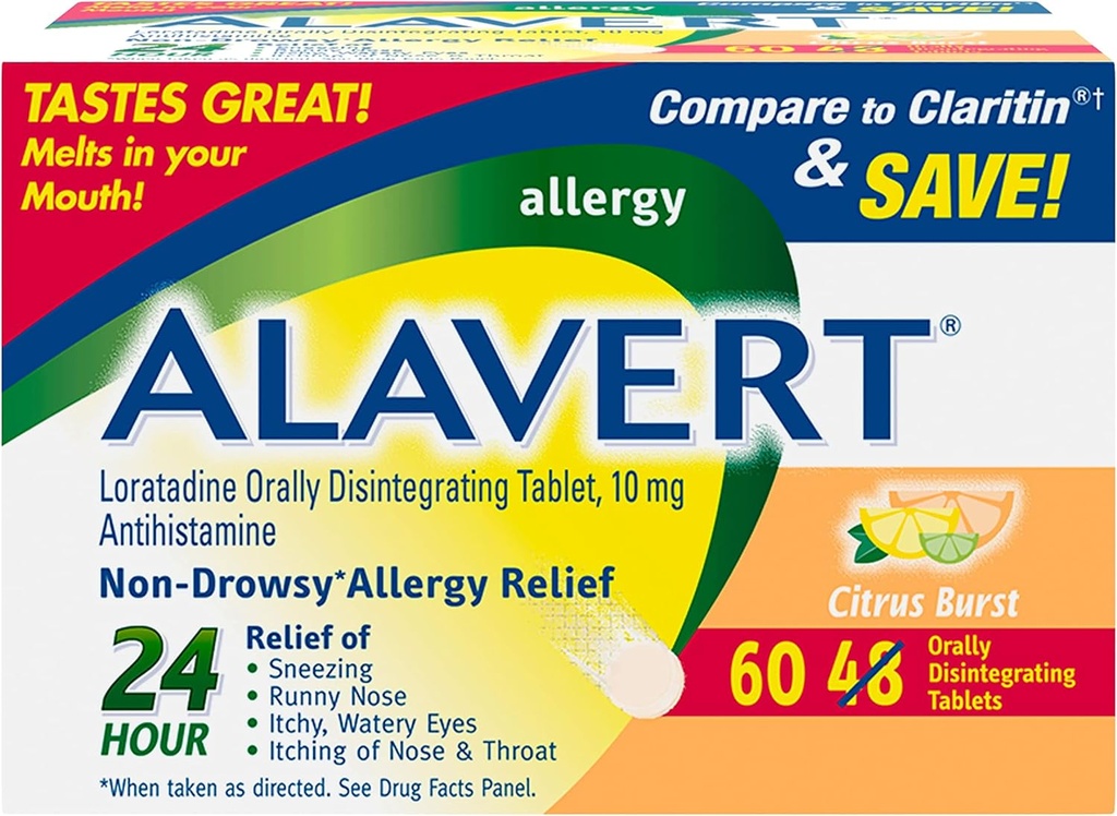 Alavert Allergy 24 Година Relief, Citrus Burst Flavor, Орально розшукаючі таблетки алергії, Non-drowsy Antihistamine, Loratadine 10mg, 60 Count