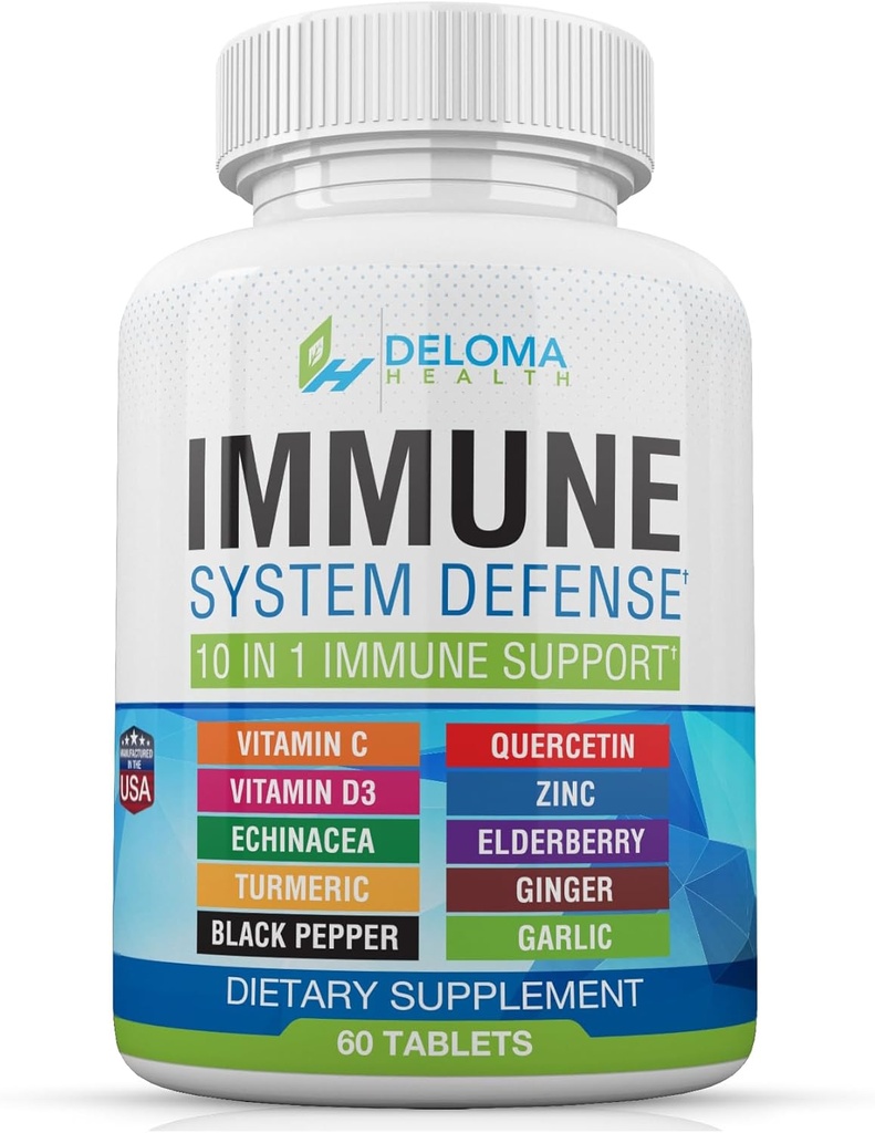 10 en 1 Imune System suplementari - Vitamina C (1000; mg), Quercetin, Vitamina D3 (5000; iu), Zinc (40 mg), Elderberberry, Echinacea, Turmeric, Ginger, Garlic, Pepper Negre