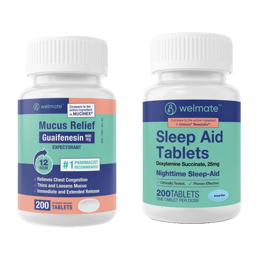 WELMATE Nighttime Wellness Bundle: Mucus Relief Guaifenesin 600mg Mucus Relief (200 Ct) & Doxylamine Succinate 25mg Sleep Aid (200 Ct) | Extended Relief for Restful Sleep