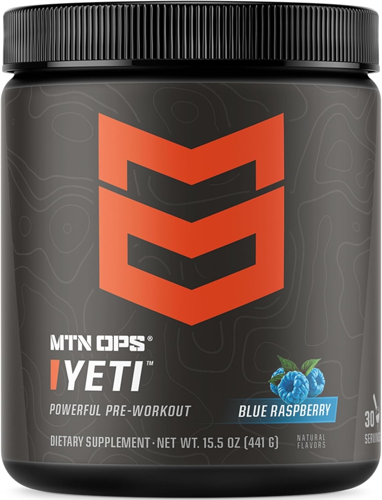 MTN OPS Yeti Pre-Workout Powder Energy Drink with Creatine, 200 mg kofeiini & BCAAs Beta Alanine, 30-serving Tub, Blue Vadelma
