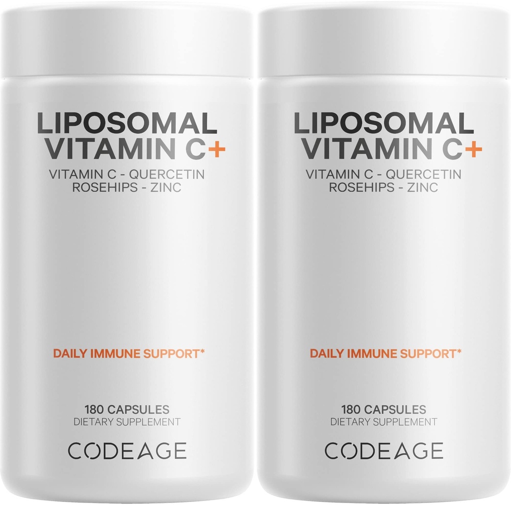 Codeage Liposomal Vitamin C 1500mg with Zinc, Elderberry, Citrus Bioflavonoids Grapefruit, Lemon, Orange Powder, Quercetin & Rose Hips Fruit – Vegan Supplement - Non-GMO, Vegan Pills - 2 Pack