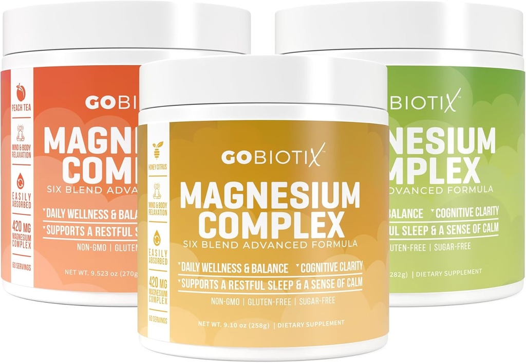 GoBiotix Magnesium Powder Trio - 420mg, 60 phụng sự - mật ong Citrus, chanh, đào trà