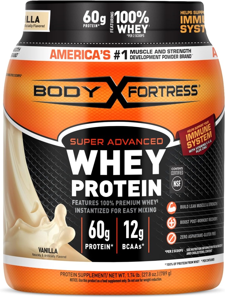 Body Fortress Super Advanced Whey Protein Powder, Vanilla, immunforsvar (1), Vitamin C & D Plus Zink, 1,74 lbs