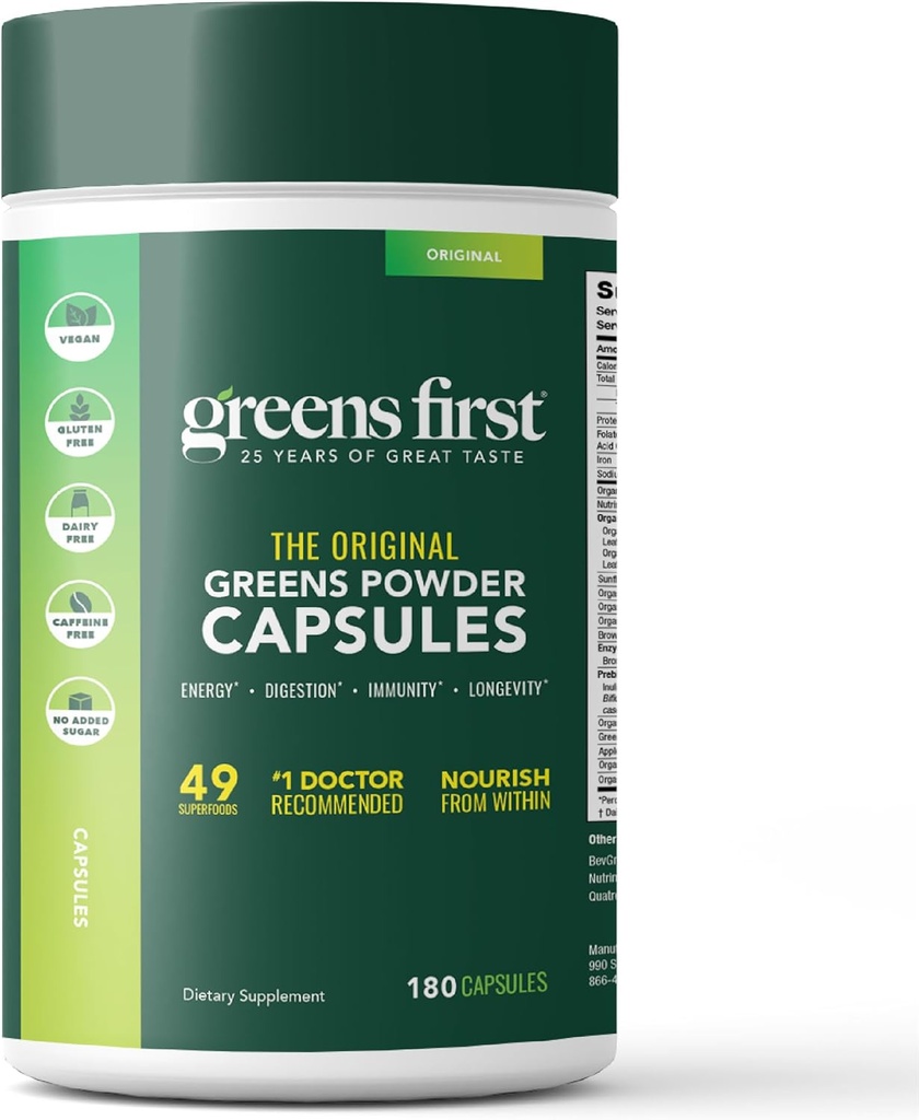 Greens First Pro Phytonutrients - 30 לשרתים - 54 Antioxidant Superfoods, פירות אורגני ירקות - פרביוטיקה, Probiotics & Digestive Enzy - חלב וחיטה חינם, non-GMO - 180 קפסולות
