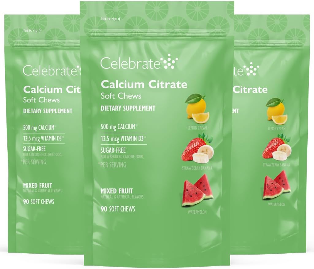 Celebrate Vitamins Bariatric 500mg Calcium Citrate Soft Chews with 500 IU Vitamin D3 — Essential for Gastric Bypass Patients ' Bone Health - Sugar & Gluten Free, Fruit (270 Chews)