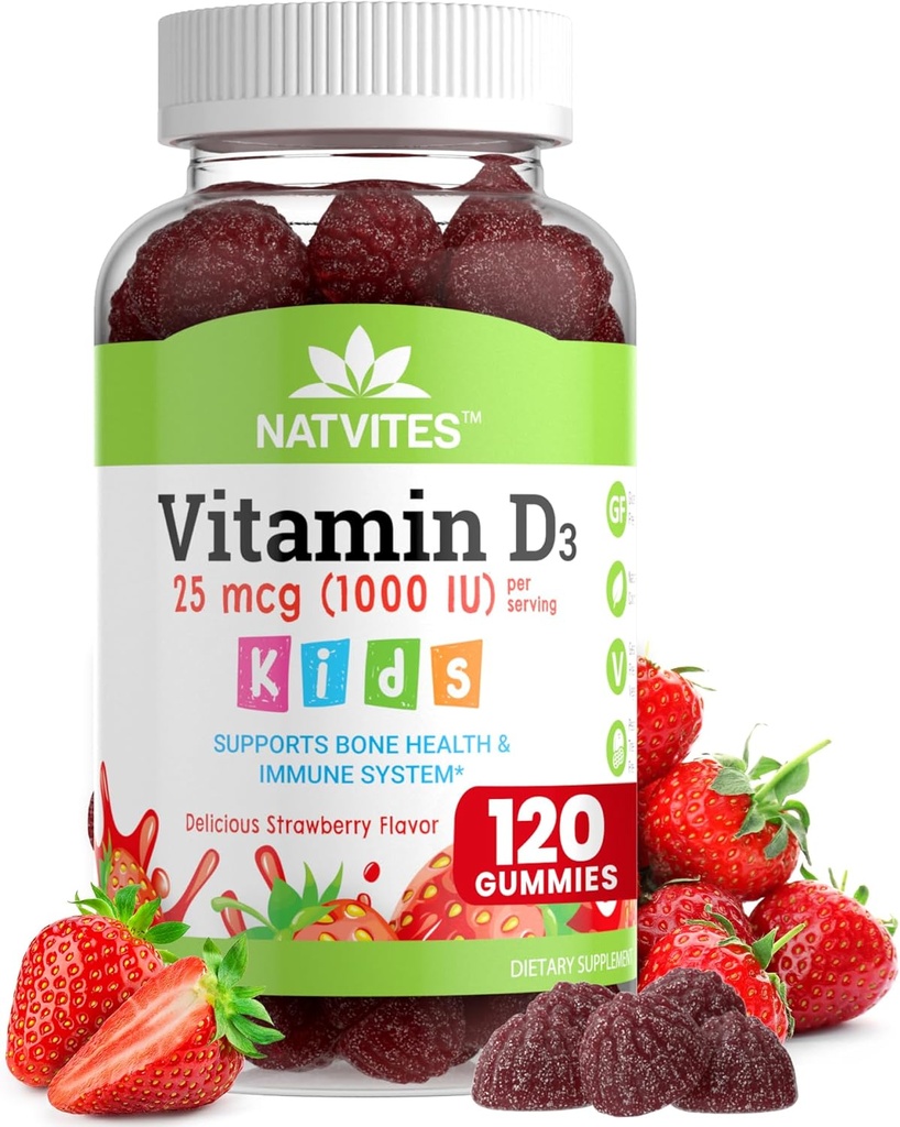 D3 Çocuklar için Gummies - D 1000 IU Pectin Gummy - Strawberry Flavored - Bone Health and Immune Support Supplement - Non-GMO, Gluten Free, Vegan, Nut & Dairy - 120 Kont (Polonya)