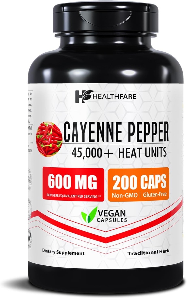 HealthFare Cayenne Pepper Capsules 600mg ← 200 Vegan Pills ← 45.000 Unidades de Calor (HU) ← Cardiovascular, Circulación &amp; Apoyo Digestivo TEN High Potency Herbal Extract ← Non-GMO, Gluten-Free TEN Made in USA