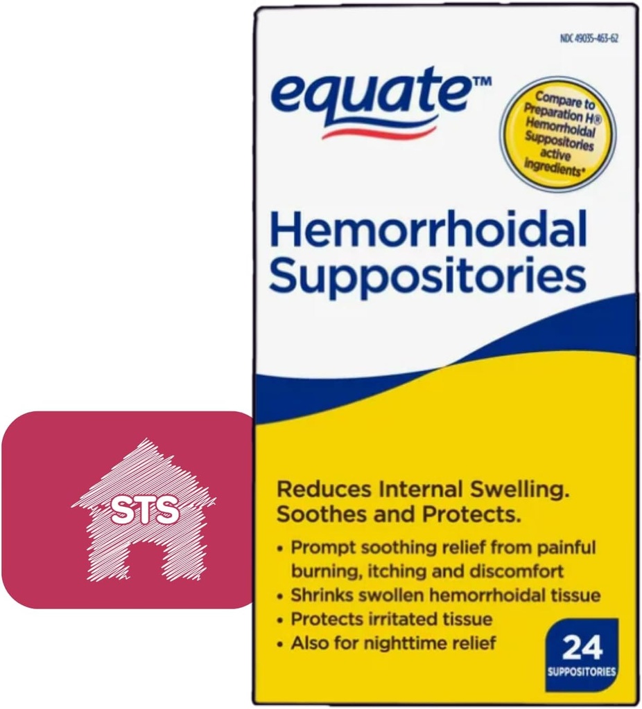 Equate Hemorrhoidal Suppositorys, Relief from Burning, Srbenje in neugodje hemoroidov, 24 Count (Pack of 1) + STS Sticker.