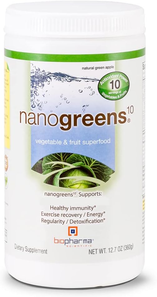 Biopharma Scientific NanoGreens: Grønne Superfood Frugt & Vegetabilsk pulver til fordøjelsesmæssig sundhed & immunitet med Spirulina, Chlorella, Kale, Spinat, Plante baseret, Green Apple Flavor, 30 Servere