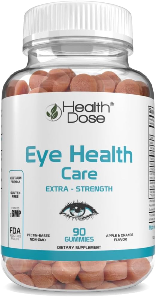 Dose de saúde Vitaminas de cuidados de saúde ocular com Lutein Zeaxanthin Suporte Eye Strain, Seco Olhos e Desempenho Visual Apple & Orange Flavor 90 Gummies.