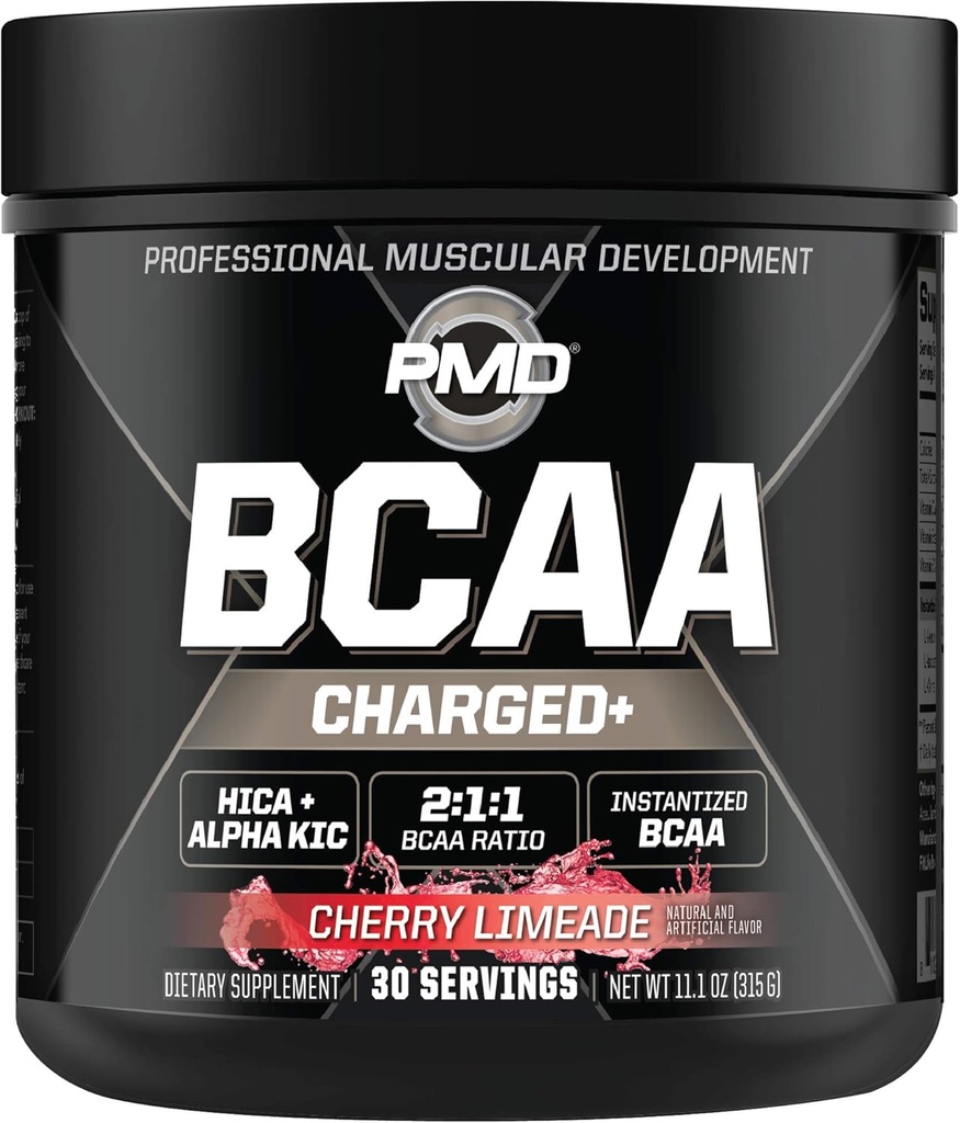 PMD Sports BCAA Charged Delicious Amino Acid Drink Mix for Performance, Recovery, Endurance and Hydration - Aumente a função muscular para treino e energia diária – Cereja Limeade (30 Servões)