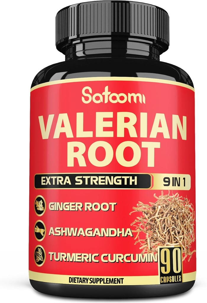 Satoomi Valerian 뿌리 캡슐 - 9 자연 허브 - Ashwagandha, Turmeric, Ginger, Ceylon Cinnamon - 3 개월 공급을위한 90 모자