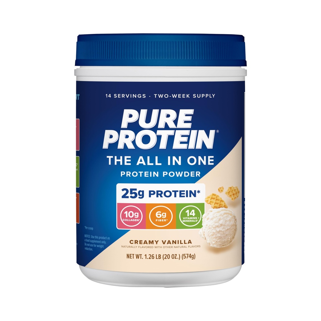 Pure Protein All-In-One Powder, Vanilla - Whey & Collagen, High Fiber, Vitamins, No Added Sugar, Non-GMO, Gluten-Free, 1.25lb