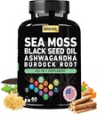 Sea Moss Black Seed Oil Ashwagandha Bladderwrack Burdock Root Turmeric & Vitamin C D3 Elder ACV Black Pepper - Multimineral Supplement - 60 Count Count Count Count