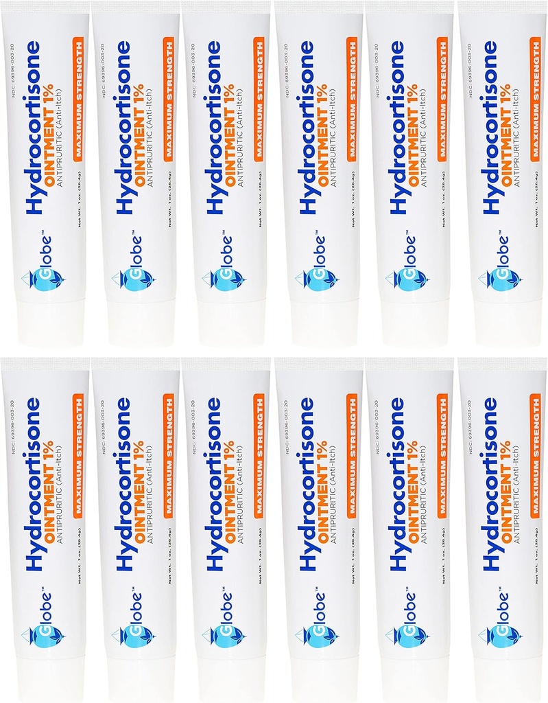 Globus Hydrocritone 1% La fortalesa màxima transparent Ointment 1 Ozyz Anti-Iintment per a la Redness, Swelling, Itch, Rash, Dermititis, error/Moquito Spicks, Eczema, Hemorrhoids i més (12 paquet)