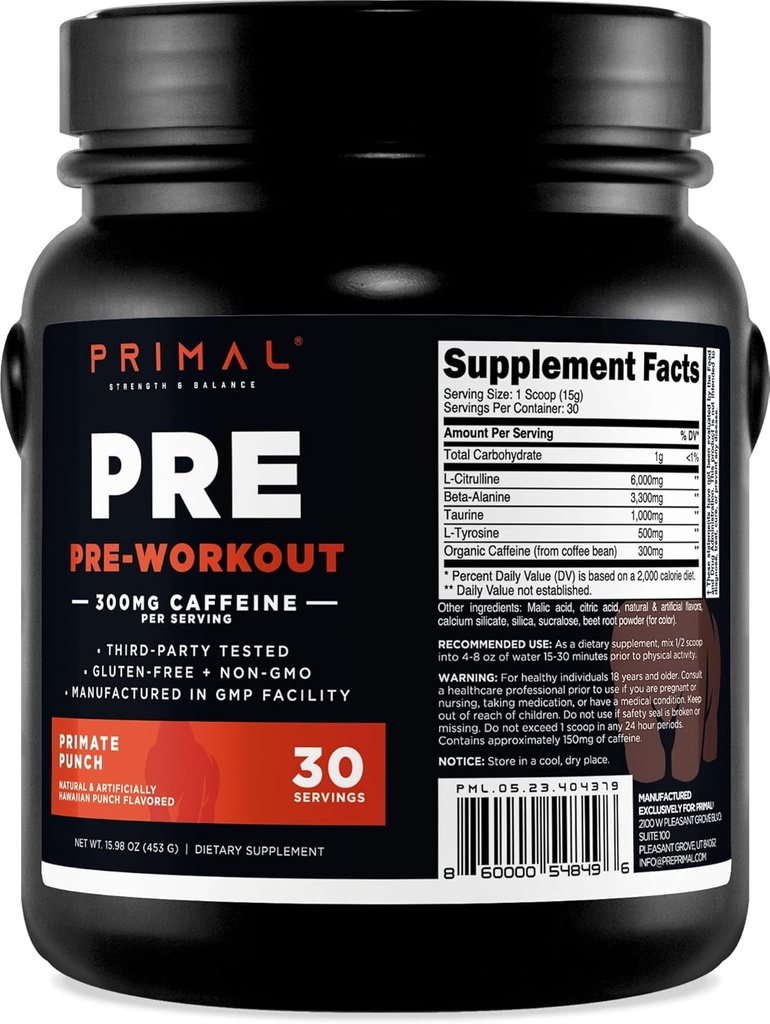 Primal pré-treino Primate Punch (30 Servings) (Flavored tropical) - Gluten Free & Non-GMO