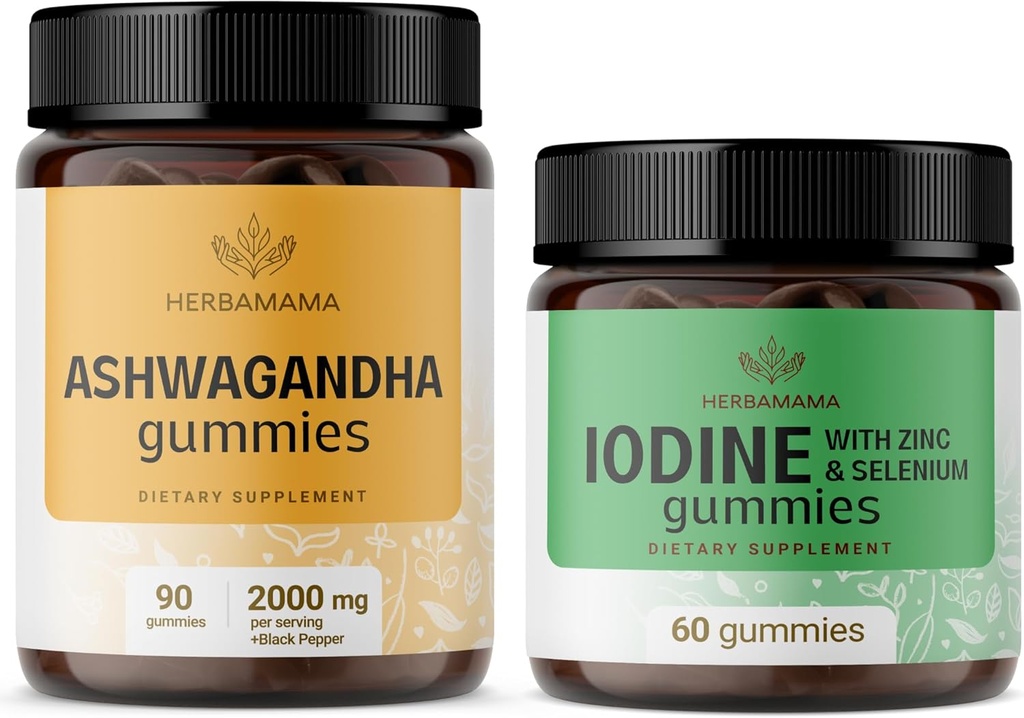 HERBAMA Ashwagandha a Iodine Kit - Bundle 2000 mg Ashwagandha Root & Draslík jód, zinok a selénové Gummy - Vegan, Non-GMO, Želatína - 2 balenia