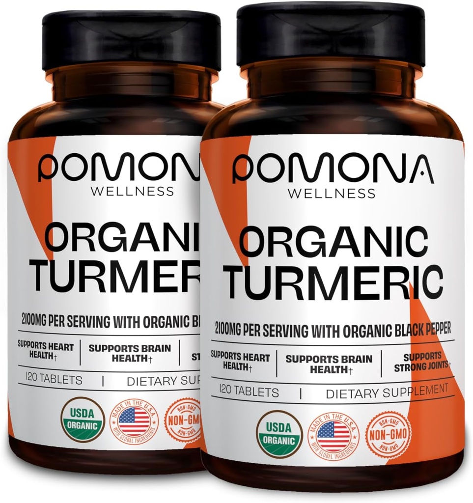 Pomona Wellness Organic Surmeric Supperition 2100 mg, USDA Organic, Not-GMO, Turmeric Curlin with Black Perper for Absorpation, for Commit and Imunity, 240 Tables (2 แพค (ค.ศ.