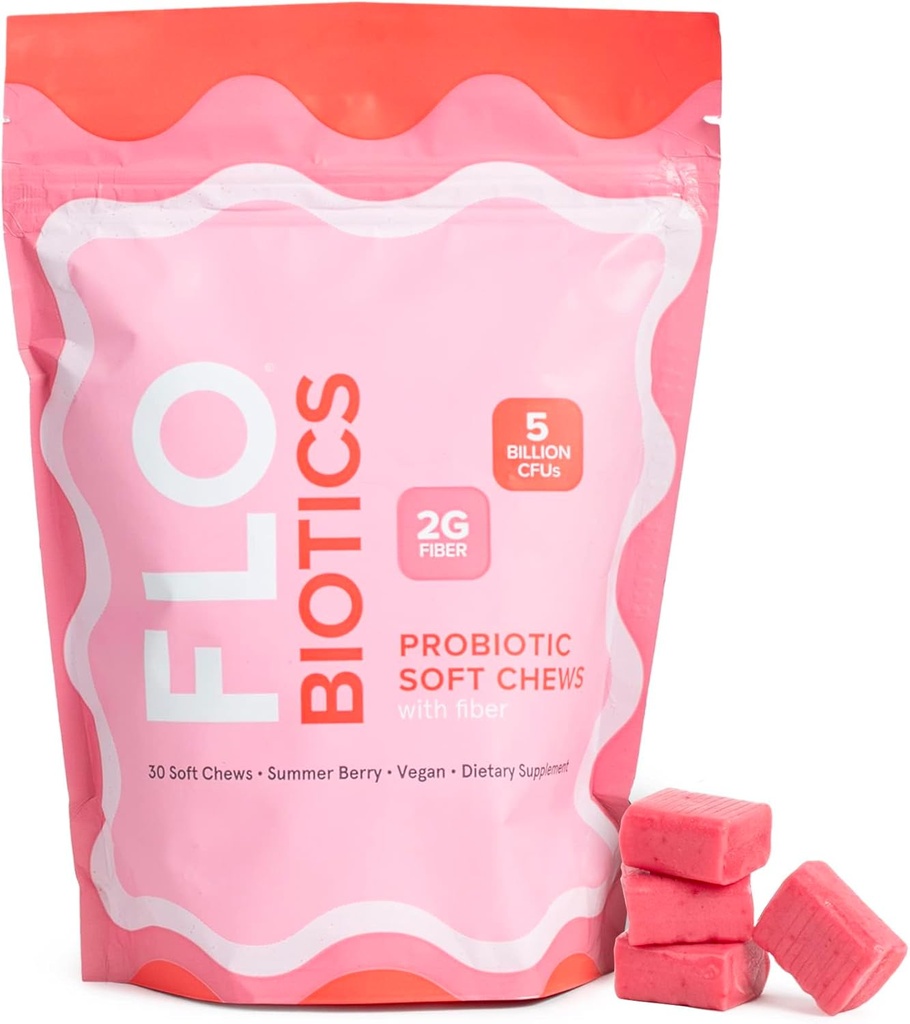 FLO- Probiotic Probiotic Soft Chews for Digetical Health, Healthy Gut Flora & Occasional Constipation Relief - Vegan Digetical Health Probiotic Gummies Guut Suppplement Berry Flavor - 30 Count (Paket 1)