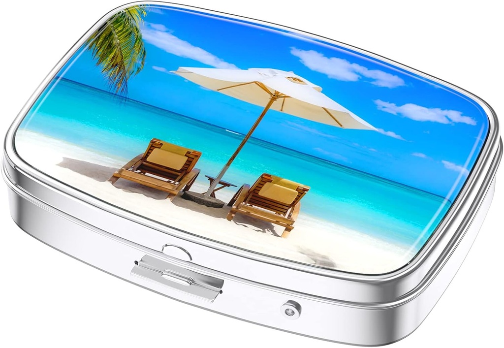 Nipichsha Pill Box, Small Pill Case for Purse & Pocket, Cute Travel Medicine Organizer, Portable Medicine Container Holder to Hold Vitamins, Medication, Fish Oil & Supplements, Happy Beach