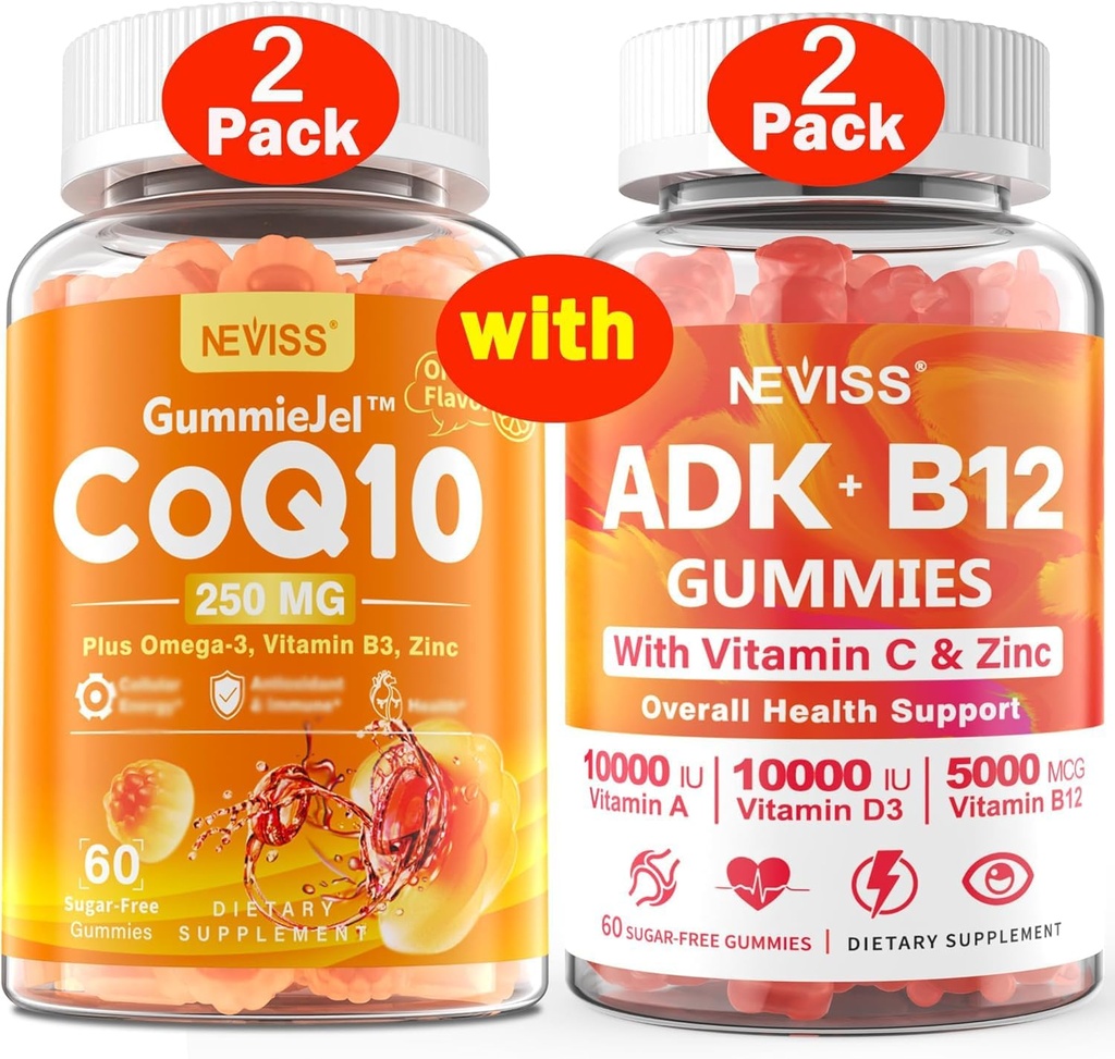 NEVISS 2Pack CoQ10- 250mg Isilah Gummies + 2Pack Vitamin ADK dengan B12 Gummies