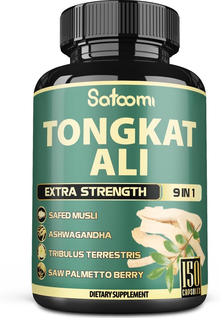 Satoomi 9in1 Tongkat Ali Root Extract 200:1 - Ashwagandha, Tribulus Terrestris - 150 Cápsulas para 5 Meses - Força de Suporte, Energia e Imune Saudável