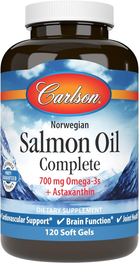 Carlson - Petroli Salmon completat, 700 mg Omega-3s + Asttaxantin, Implementació vascular, implementació de la funció intel·lectual i de l'IV, 120 gels tous