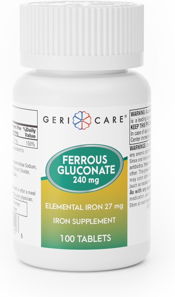 Gericare 철 27mg Ferrous Gluconate 240mg의 철 & 에너지 보충교재, 100개의 조사 (1의 포장)