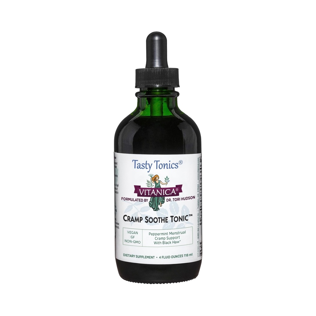 Vitanica Cramp Soothe Tonic, Dr Formulated Menstrual Cramp Support, with Black Haw Bark, Valerian Root, Ginger Root, and Garrya Herb, Alcohol Free, Vegan, 4 Ounce