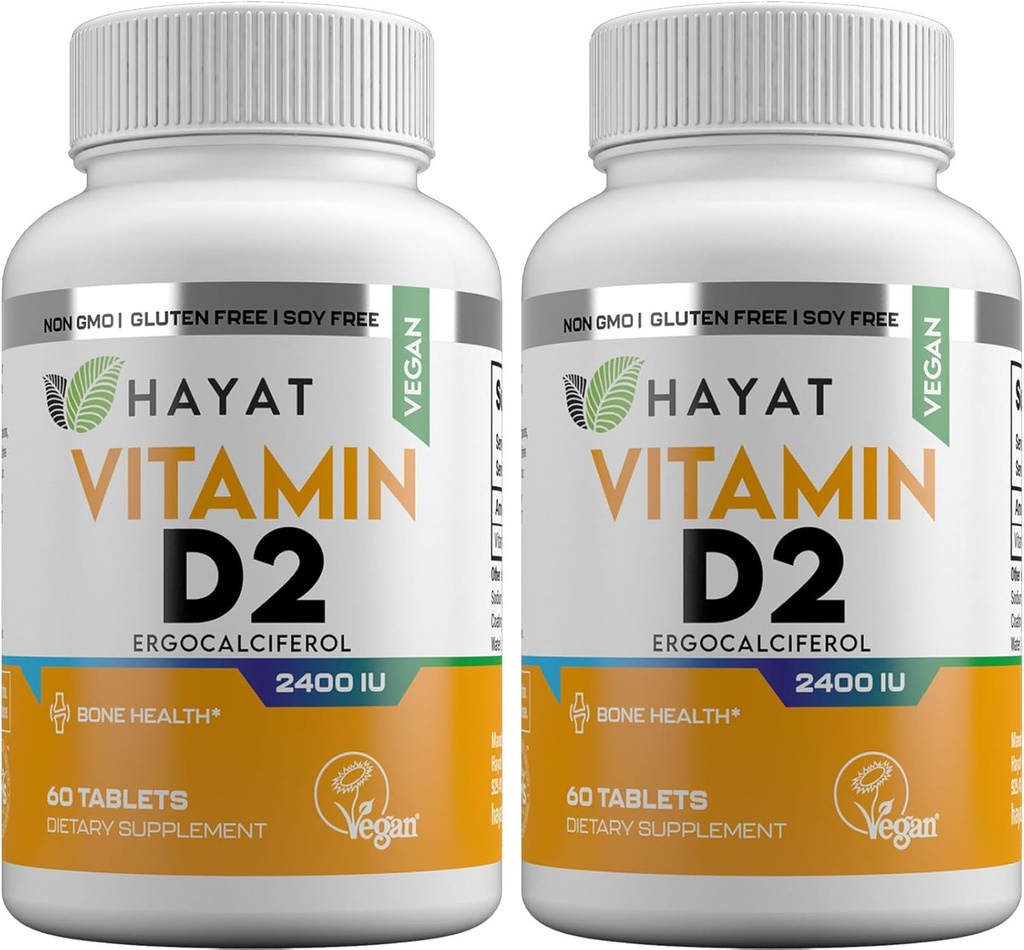 HAYAT Vitamīni Vegan Natural vitamīns D 2400 SV, D2, Sertificēts Halāls (iepakojums no 2)
