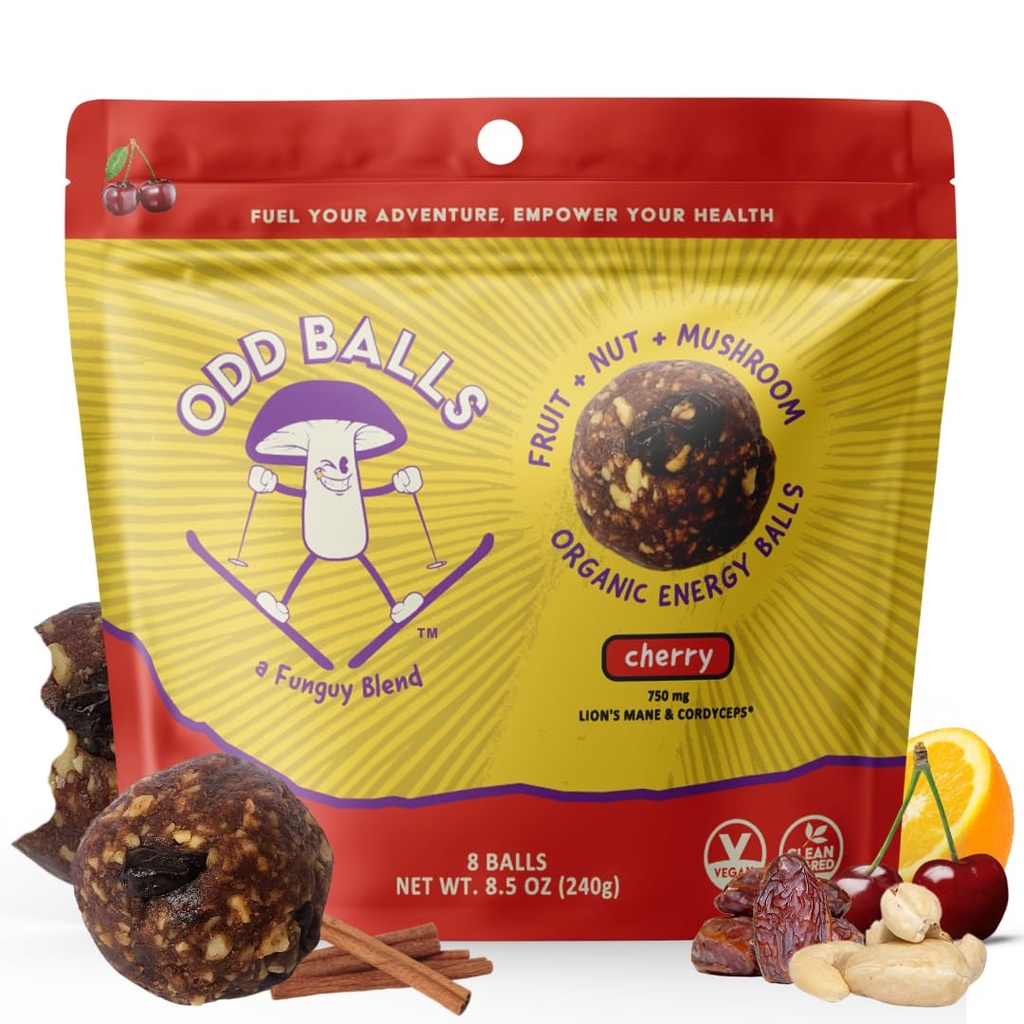ODD BALLS Organic Energy Balls Cherry - Superfood Pilz Snack - Laufen, Radfahren, Wandern - Gels, Bars Alternative - Lion's Mane Focus, Cordyceps Energy - Vegan, Gluten kostenlose Snacks für Kinder & Erwachsene (8.5 Unze, Kirsche)