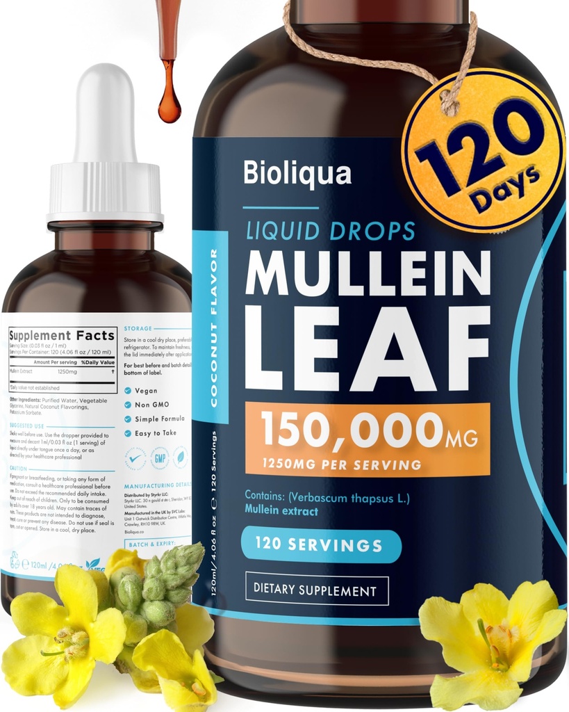 Balance Bioliqua Mullein Drops for Lungs - High Strength of 150,000mg per 4fl oz Tincture - 120 Servings at 1,250mg per Dose - Lung Detox & Bronchial Cleanse - Coconut Flavour