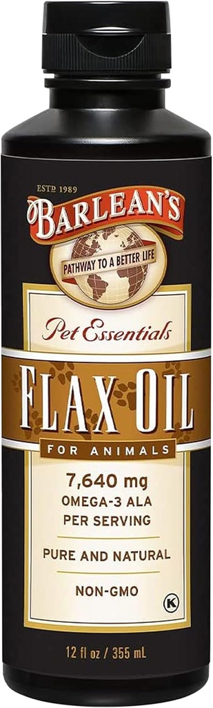Barlean 's Flaxseed Oil for Animals, Pet Estial Liquid Omega 3 Fatty Acids Cat and Dog Oil Suplemen untuk Skin and Coat, Omega 3 untuk Anjing, Kucing dan Hewan Lain, 12 oz