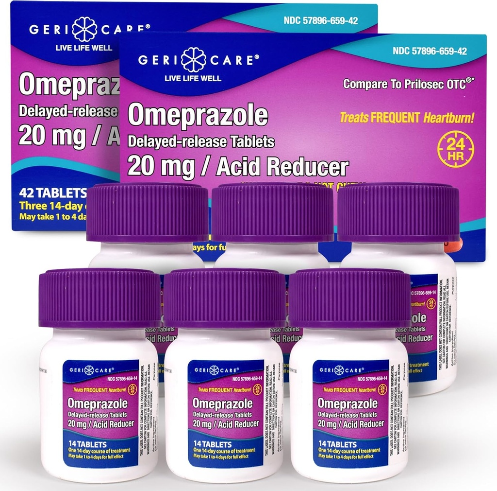 Omeprazole GeriCare Delared Delayed Tablet 20mg Acid Reducer Pills selama 24 Hour Heartburn Relief Medicine (2 Pack)