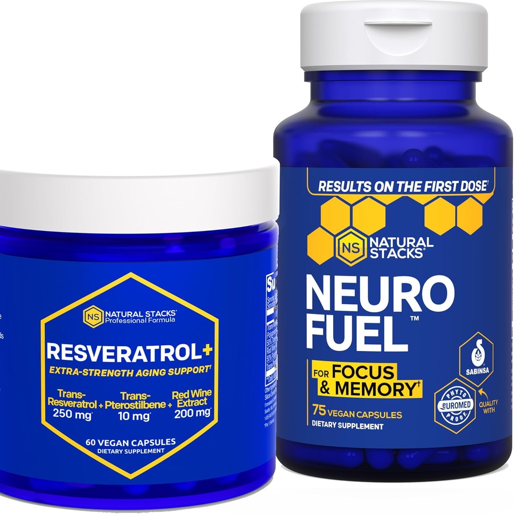 NATURAL STACKS NeuroFuel & Resveratrol + Doplněk Bundle - Podporuje zaměření, paměť a zdravé stárnutí mozku * - 135 Kapsle