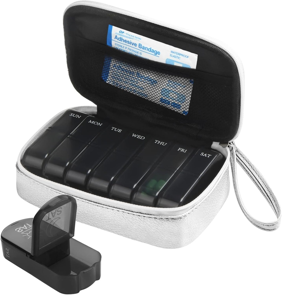 Viikoittain PU Nahka pilleri laukku Järjestäjä tapauksessa 2 Kertoja päivässä, AM Päivittäinen pilleri laatikko pitää vitamiini, kalaöljy, lisäravinteet ja lääketiede (hopea)