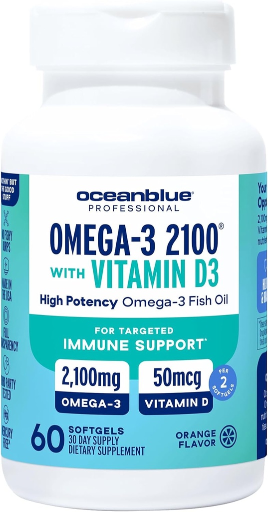 海洋蓝专业Omega-32100 配有维生素D3 – 60 cm – 配有高概率EPA,DHA,DAA和维生素D3的三强无鱼油补充剂 野生-捕捉-橙色Flavor(30名服务员)