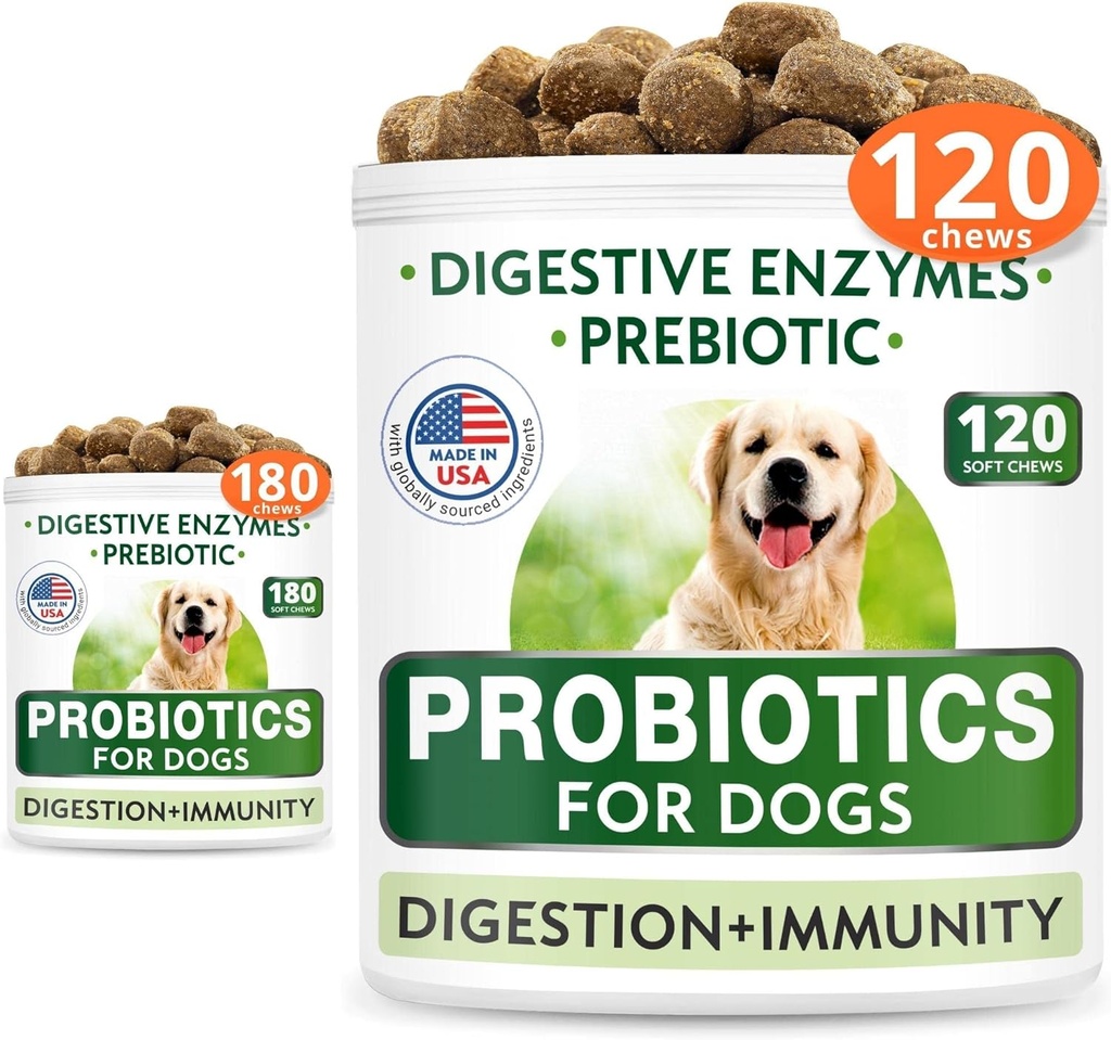 Dog Probióticos Mastiga Bundle - Gás, Diarréia, Alergia, Obstipação, Alivio estomacal irritado, com Enzimas Digestivas + Prebióticos - Suplemento de fibra mastigável - melhorar a digestão, imunidade - 300 mastigações suaves