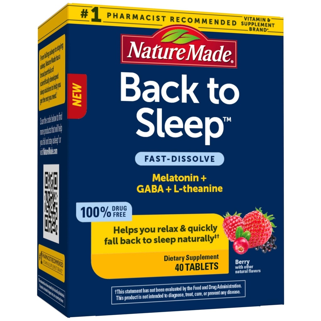 Nature Made Back to Sleep, Melatonin Fast-Dissolve, Helps You Fall Back to Sleep Naturally, L-Theanine and GABA to Help Relax and Calm Your Mind, 40 Tablets