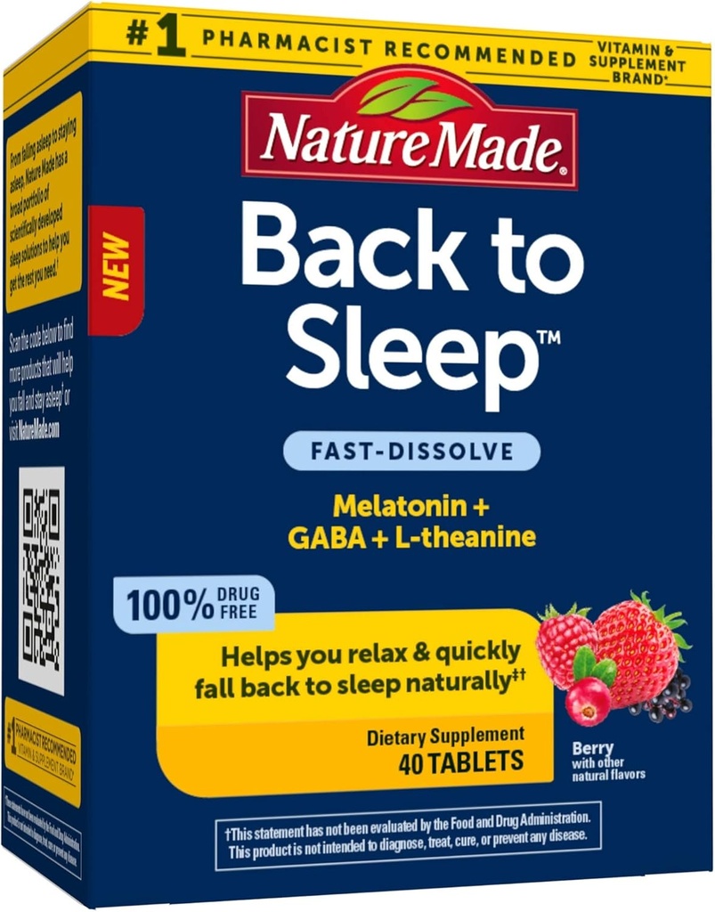 Nature Made Back to Sleep, Melatonin Fast-Dissolve, axuda a durmir naturalmente, L-Theanine e GABA para axudar a relaxarse e calmar a túa mente.